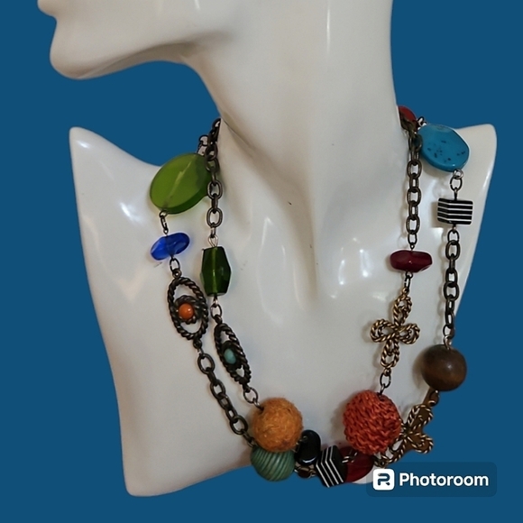 CHICO'S Bronze Whimsical Multicolor Rainbow Artsy Beaded Chain Necklace - Picture 1 of 8